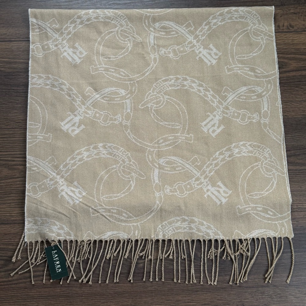 Lauren Ralph Lauren Equestrian Chain Fringe Scarf NWT Beige Wra